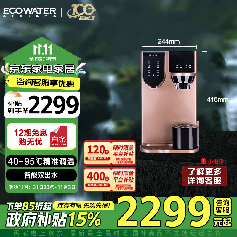 怡口净水（ECOWATER）净水器家用净热一体台式免安装萃茶萃咖啡长效陶氏膜RO反渗透40-95℃精准调温双出水豪华版ERH203