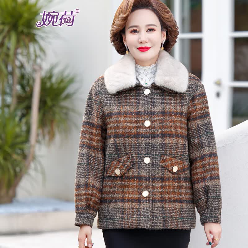 婉荷中老年秋冬加棉外套翻领可拆卸格子上衣毛呢长袖妈妈装保暖外衣 咖啡格 3XL(建议120-130斤)怎么看?