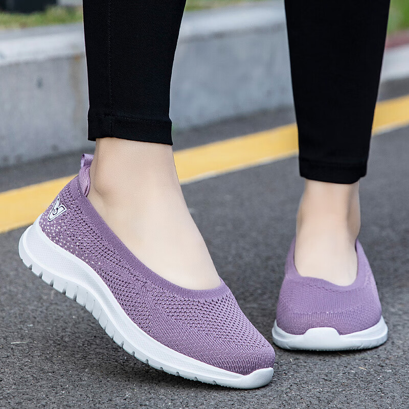 范足力健步鞋春夏新款飞织一脚蹬健步鞋轻便妈妈鞋舒适网面透气防滑