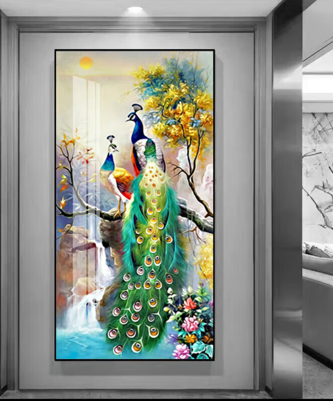 装饰画客厅入户走廊背景墙挂画竖版玄幻过道墙画简约壁画 富贵孔雀a