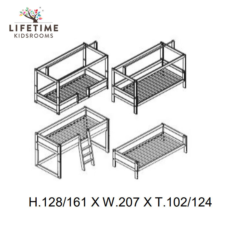 Lifetimekidsrooms斯堪维亚丹麦儿童家具四合一床实木松木现代北欧简约设计男女孩床 顶幔四合一床