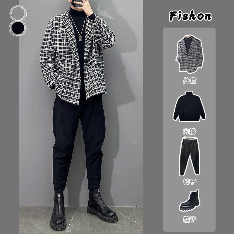 三件套格子外套黑毛衣黑裤子 s质量高于市场款