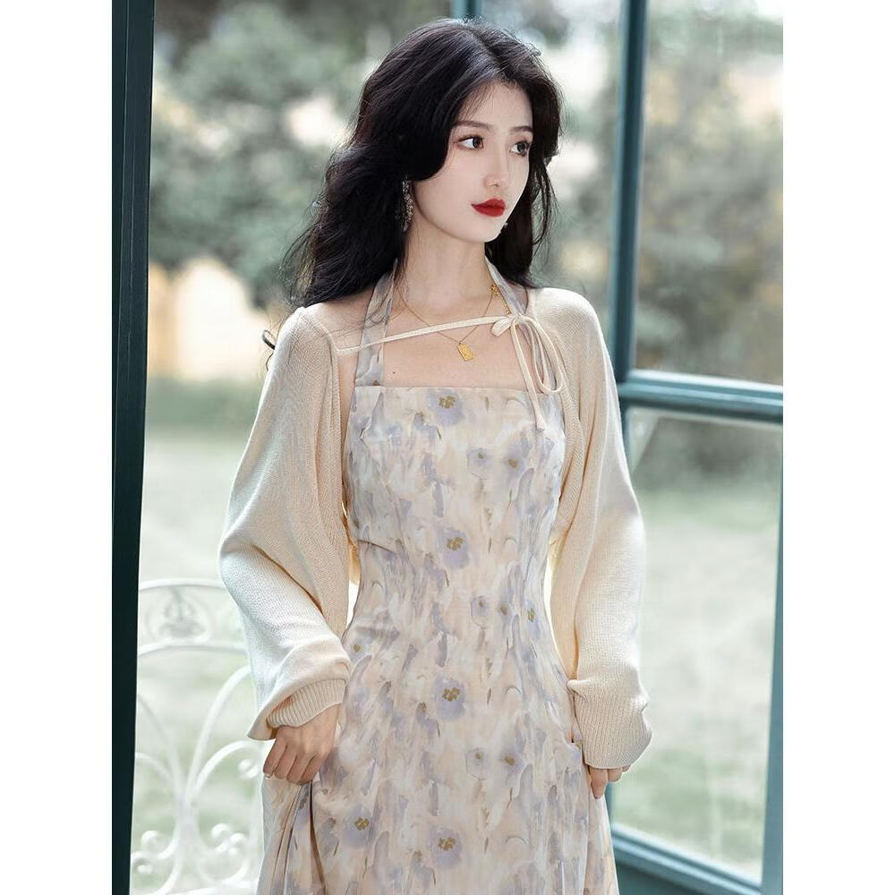 顿冉女生裙子高级感夏天方领系带小坎肩两独特挂脖印花连衣裙又纯