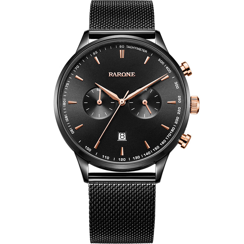 雷诺(rarone)黑森林手表多功能黑科技日历窗黑色手表石英百搭男款