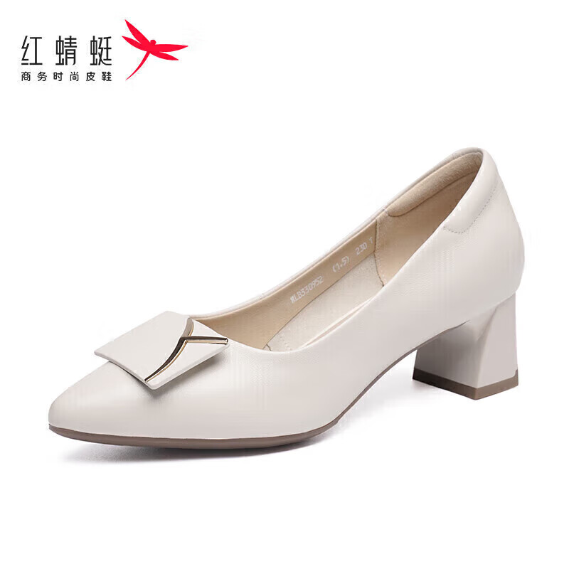 红蜻蜓时尚方扣通勤高跟鞋女士单鞋气质优雅粗跟女鞋 WLB33095米色36