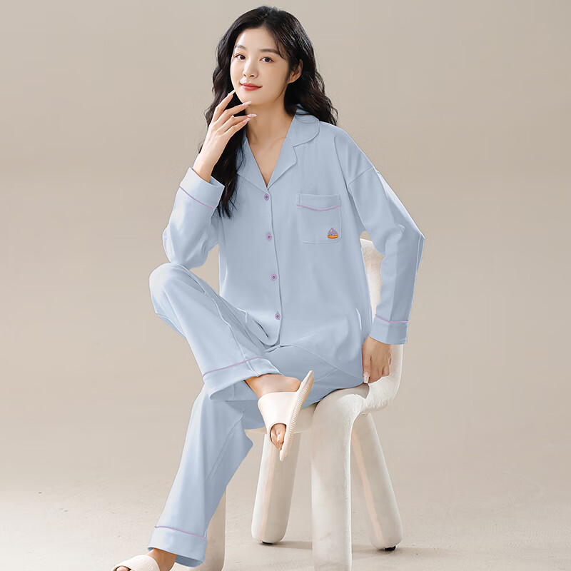 猫人（MiiOW）纯棉睡衣女士2025年新款100%全棉秋冬季家居服可外穿大码长袖套装 幽蓝色【100%新疆棉亲肤柔软】 L 【推荐160-165cm95-110斤】