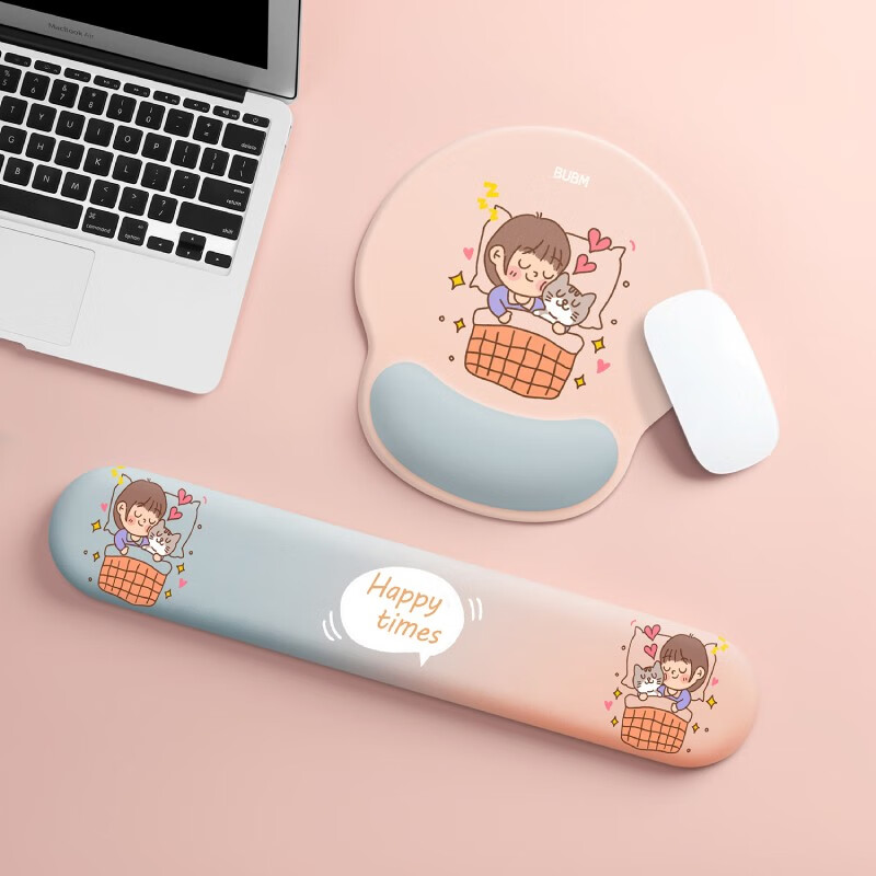 必优美 鼠标垫护腕带键盘手托组合卡通套装电脑办公家用键盘手托护腕 【开心时间】护腕鼠标垫+键盘手托