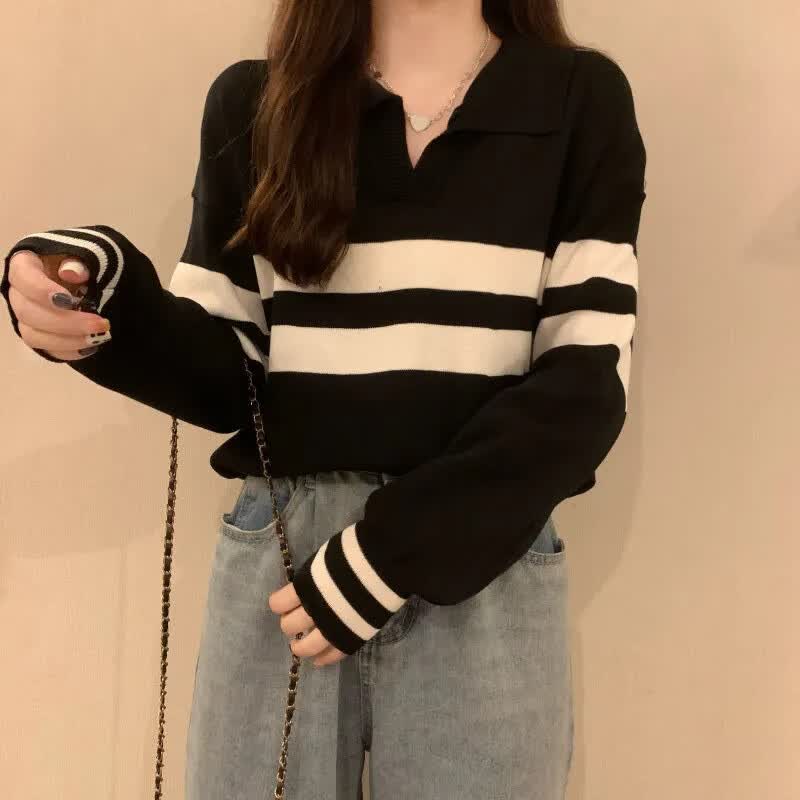2023年秋季新款港味小个子女装上衣宽松Polo领长袖条纹慵懒针织衫 黑色 均码(70斤-120斤)怎么样,好用不?