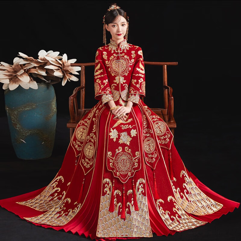 礼服200斤胖mm服胖妹妹加大遮肚子结婚中式婚纱 d789 s(胸围85体重90)