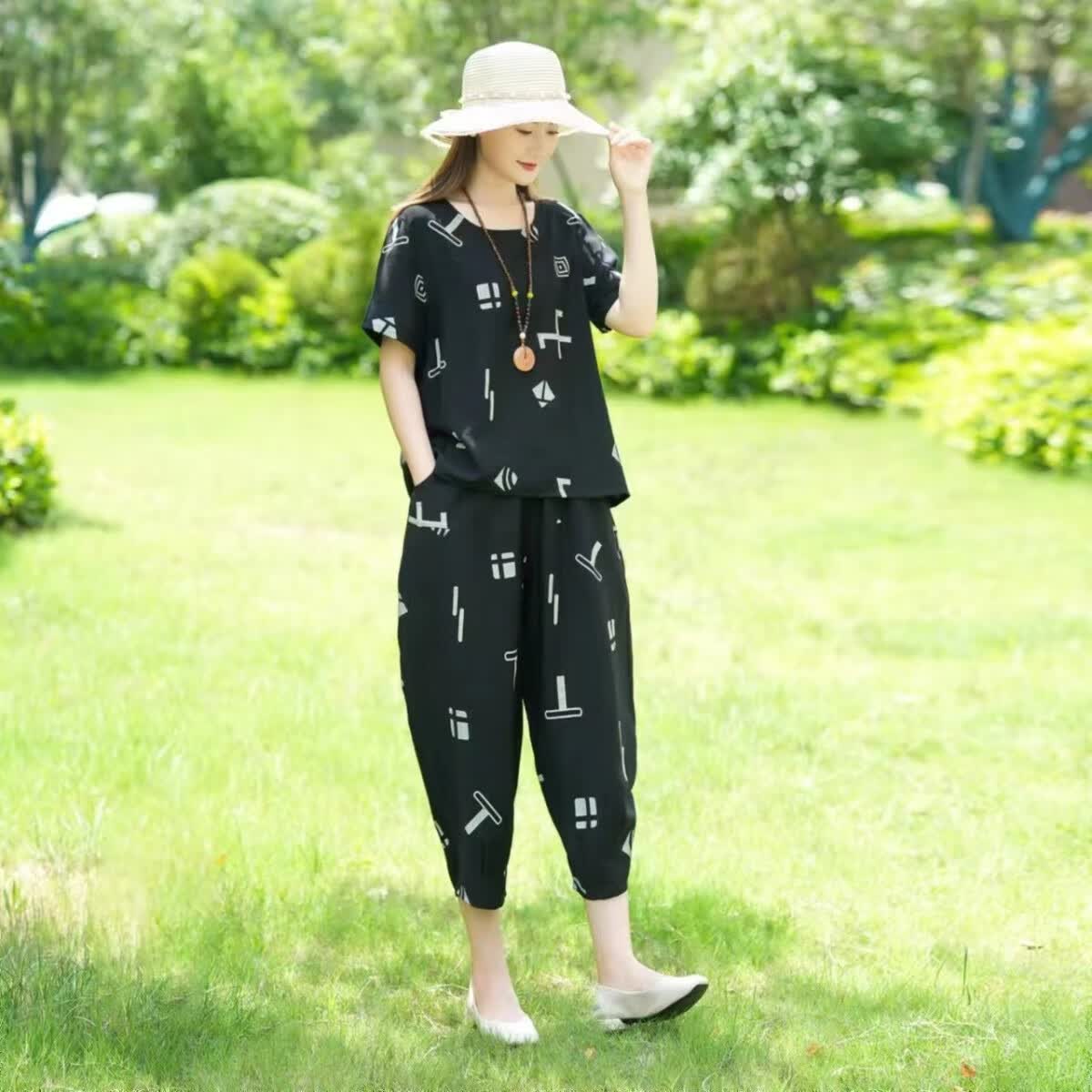 hiwish微胖中年女人夏天短衣短裤套装中老年妈妈夏装冰丝棉麻套装女大