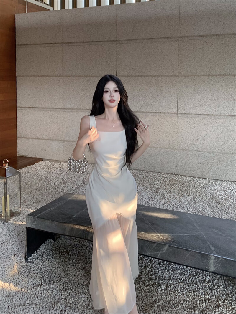 艾格法式连衣裙女夏季优雅风性感包臀网纱拼接白色缎面方领吊带长裙