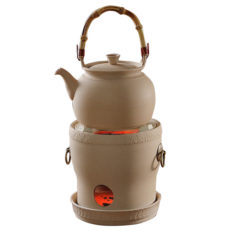 棉小城围炉煮茶炭电两用煮茶炉潮州砂铫壶原矿陶壶烧水壶耐热防烫提梁壶 升级电炭素简炉+底座+大号侧把壶