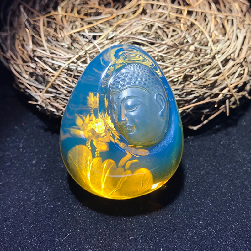 古珍 京都琥珀世家 花开见 墨西哥蓝珀阴雕吊坠挂坠彭赣闽雕刻件项链