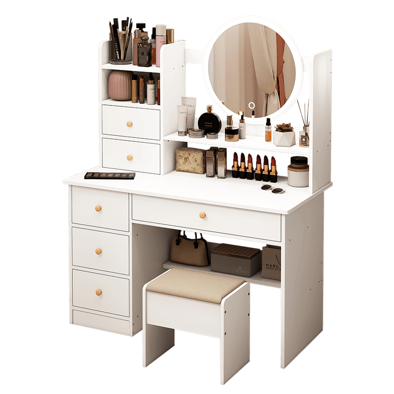 虎弟 网红ins少女小梳妆台卧室经济型化妆台收纳一体现代简约化妆桌 80cm四抽暖白款+蝴蝶椅+led灯镜