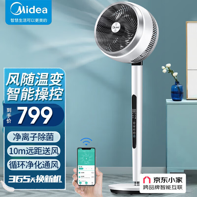 美的（Midea）电风扇家用轻音变频风扇SPI净离子除菌空气循环扇WiFi操控风随温变落地扇3D自动摇头节能四季风扇 循环扇 GDE24DJ