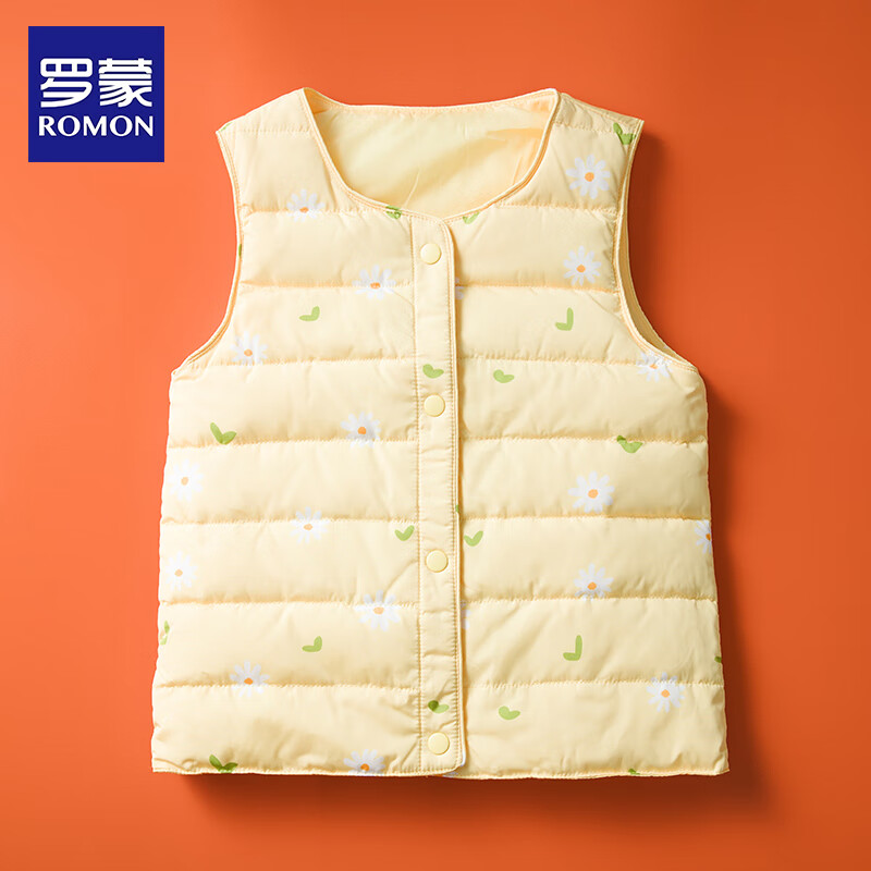 罗蒙儿童羽绒马甲2025新款90白鸭绒背心男童女童宝宝婴儿坎肩冬季 黄色底印白花 120 cm 充绒量20克