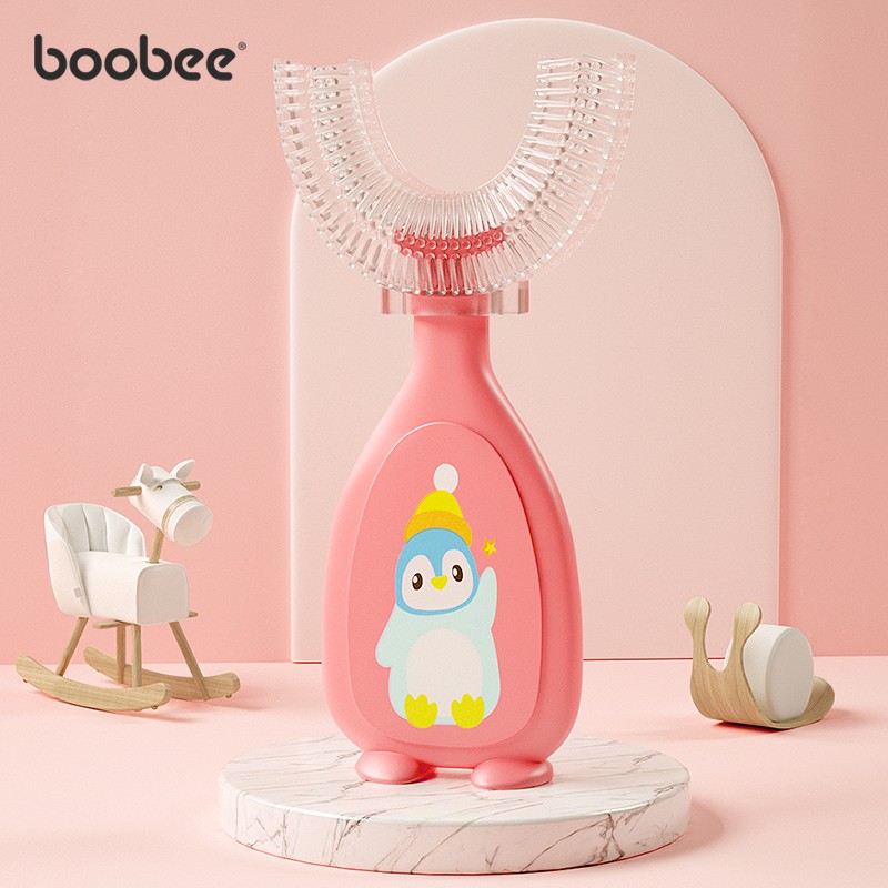 布比（BooBee）儿童u型牙刷手动宝宝一岁半1-2-3-4-6岁以上u形硅胶软毛小孩刷牙洁牙神器 （2-6岁）粉色企鹅+防尘盒