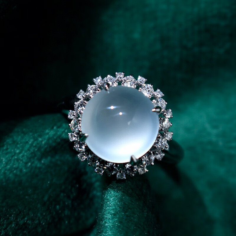 禧凤楼缅甸老坑a货翡翠冰种白冰底色蛋面18k金镶嵌翡翠戒指女 白色