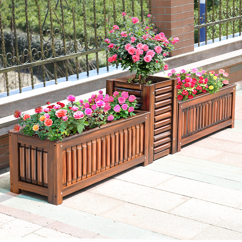 户外防腐木花箱庭院种植箱长方形大花槽碳化木花盆室外阳台种菜箱 三
