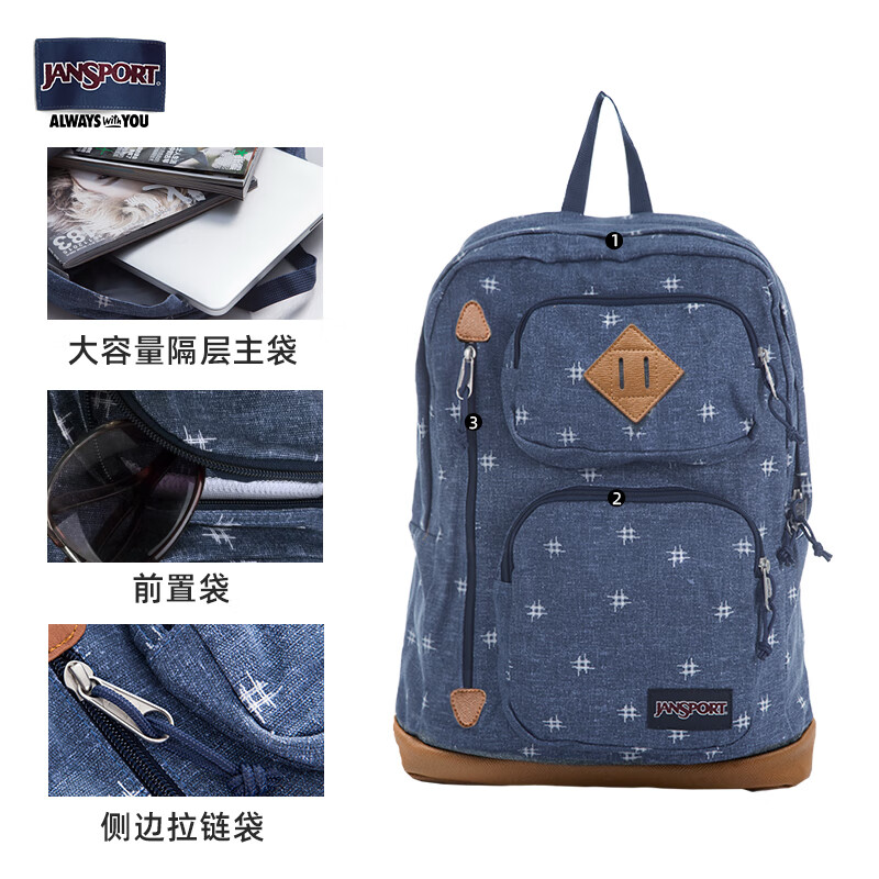 JANSPORT杰斯伯双肩包女学生男包皮革底休闲背包书包 T13Y0KE蓝色斑点