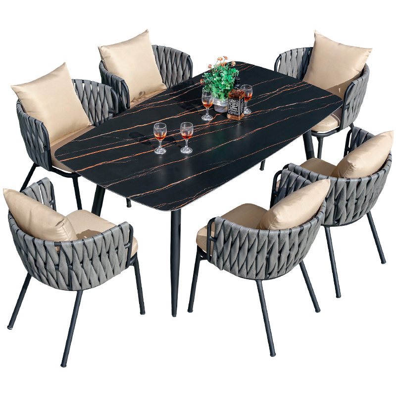 嘉勒美北欧餐桌休闲庭院花园户外桌椅室外露台家具阳台套装 6椅+160*90CM黑岩板长桌