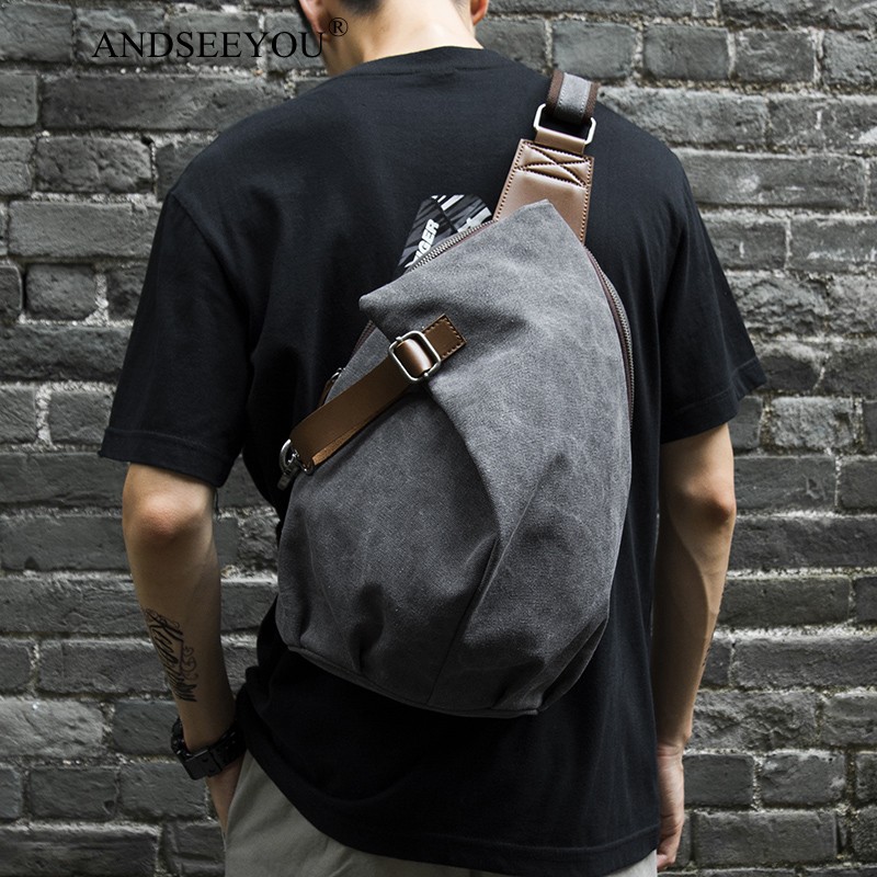 andseeyou品牌 潮流休闲帆布包斜挎包男复古潮牌单肩大胸包简约学生