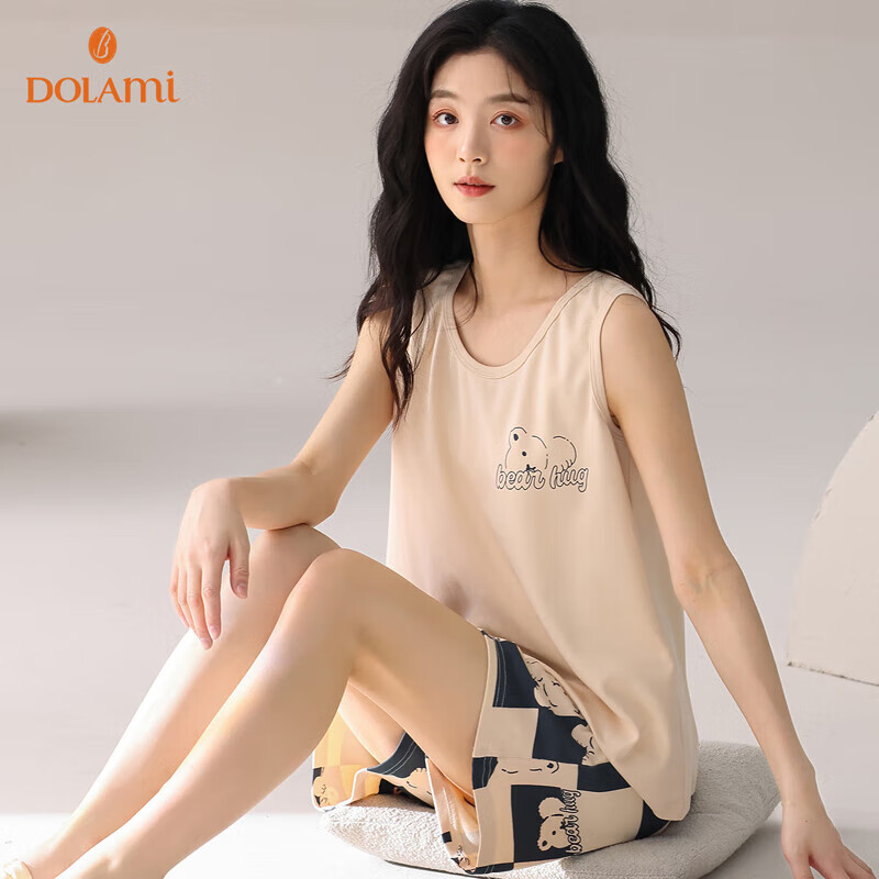 多拉美睡衣女夏纯棉背心无袖可爱休闲可外穿夏季薄款女士家居服套装 XL