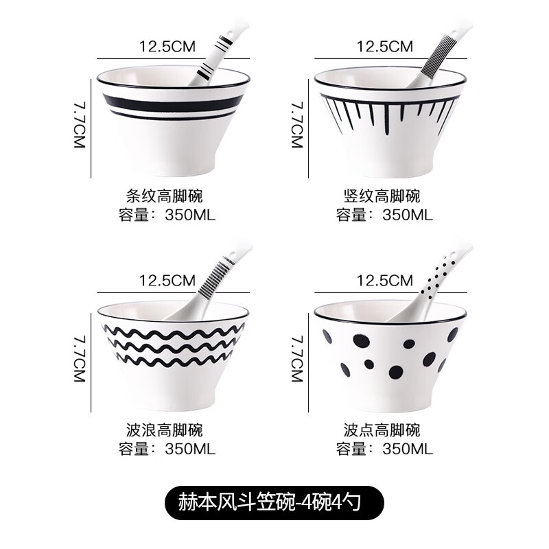 萌物坊日式釉下彩餐具陶瓷碗赫本风斗笠碗面碗喇叭碗家用简约拉面米饭碗 5英寸碗4只+陶瓷勺4只高性价比高么？