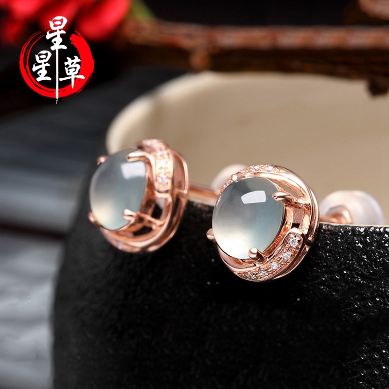 星星草时尚冰种翡翠蛋面耳钉 18k玫瑰金镶嵌钻石耳环女款玉石自戴送礼