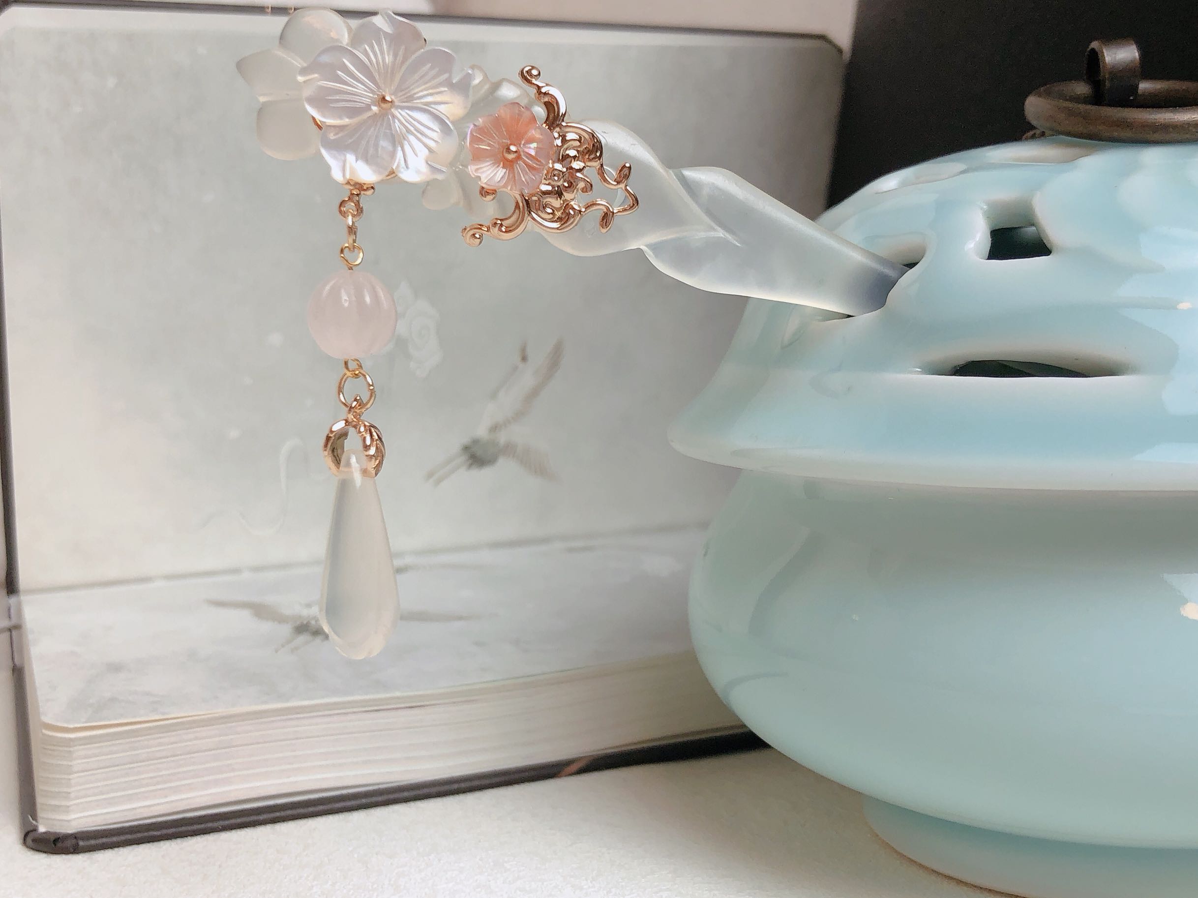 古风日常玉簪岫玉蝶贝汉服配饰仙气发簪气质头饰