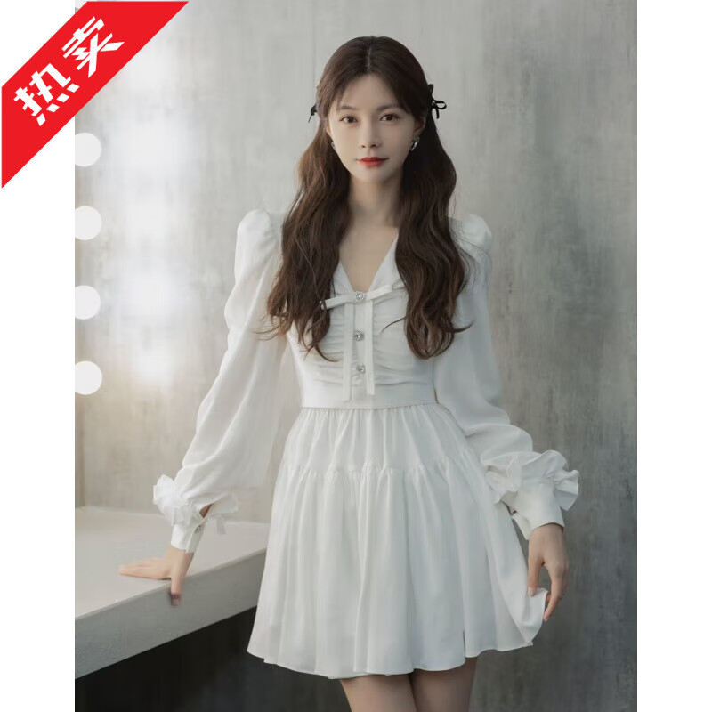 沈梦辰明星同款法式v领泡泡袖收腰连衣裙女气质甜美白色连衣裙女 白色