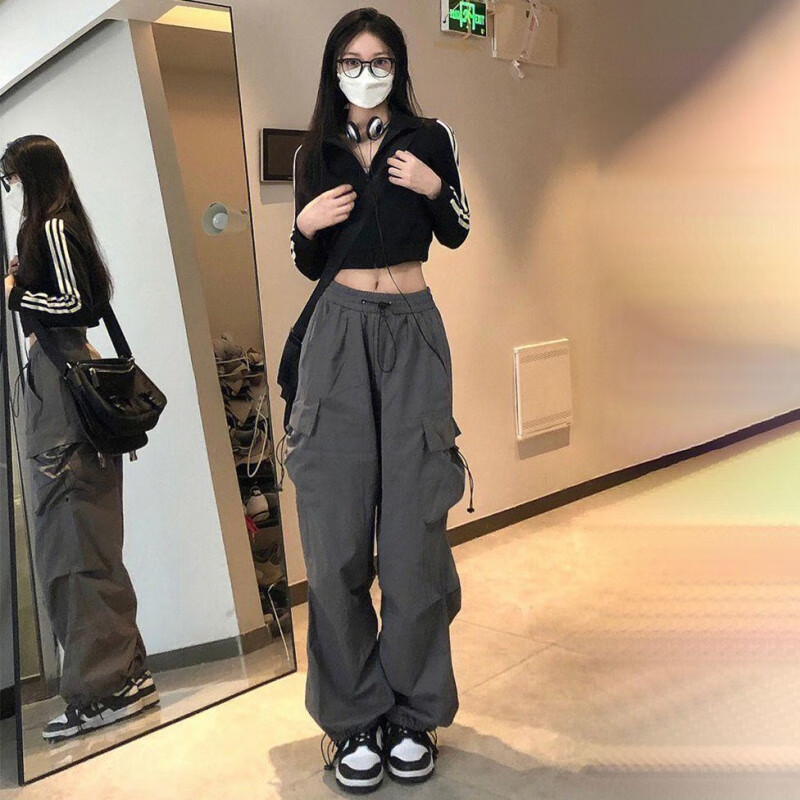 美式复古hiphop嘻哈工装裤女直筒宽松高腰显瘦多口袋运动休闲裤子 灰色 【斜纹原版面料】 S(建议70-95斤)