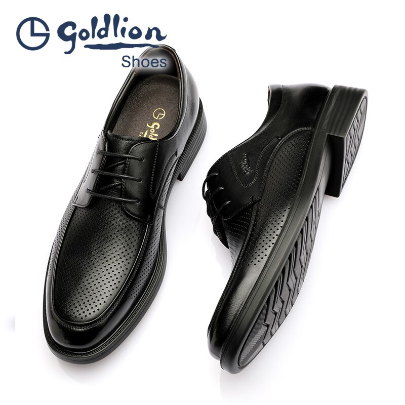金利来（Goldlion）凉鞋男 夏季男士冲孔商务正装凉皮鞋 圆头系带透气镂空凉皮鞋男 黑色（比标准码皮鞋偏大一码） 43
