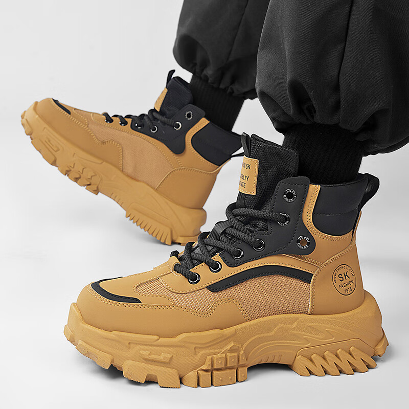 BAIKE马丁靴男冬季新款鞋子男雪地高帮靴子男劳保鞋工装鞋加绒保暖棉鞋 卡其 42 标准码
