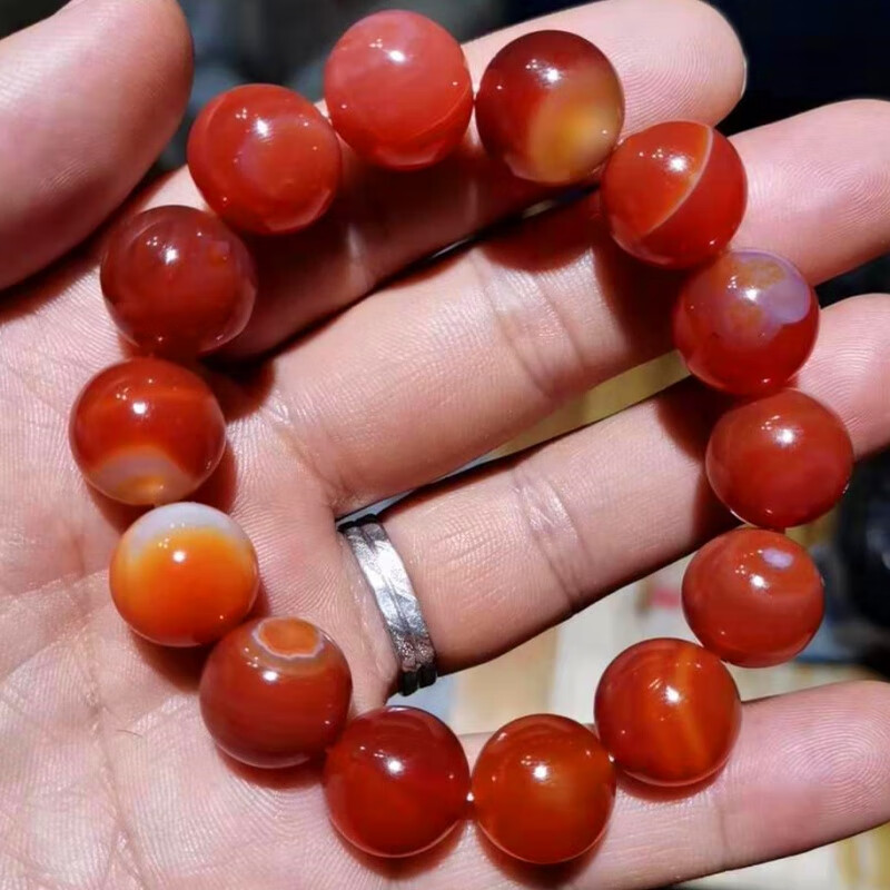 永赫天然南京雨花石红玛瑙盘玩缠丝玛瑙手链手串20mm 14mm14颗中等