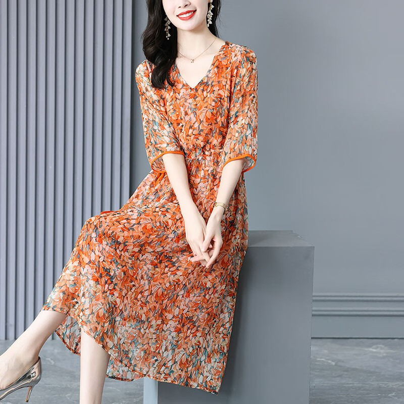 阮黛高档轻奢杭州仿真丝连衣裙2023夏季高端贵夫人品牌桑蚕丝碎花长裙