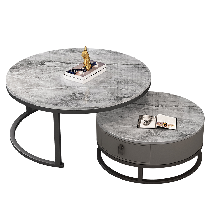 凡社 圆形茶几轻奢简约北欧客厅岩板组合小桌子皮质软包 茶几 桌茶桌加厚9mm岩板 瀑布灰+卡其灰 FCY7050B