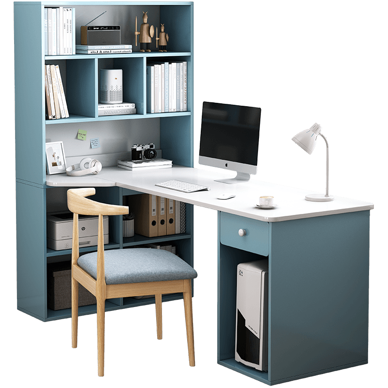 米客米家  电脑桌 书桌书架一体桌家用学生学习写字桌书柜组合办公电脑台式桌 莫比斯蓝色120*60*160(带椅子)