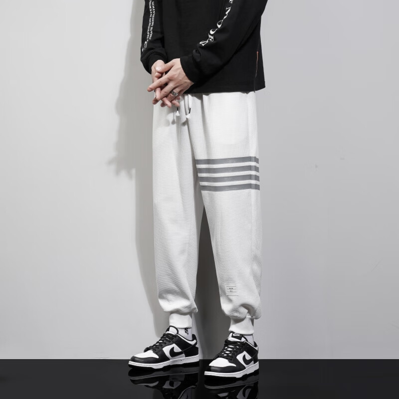 加肥加大码运动裤男华夫格四条杠tb卫裤宽松300斤350斤束脚长裤子