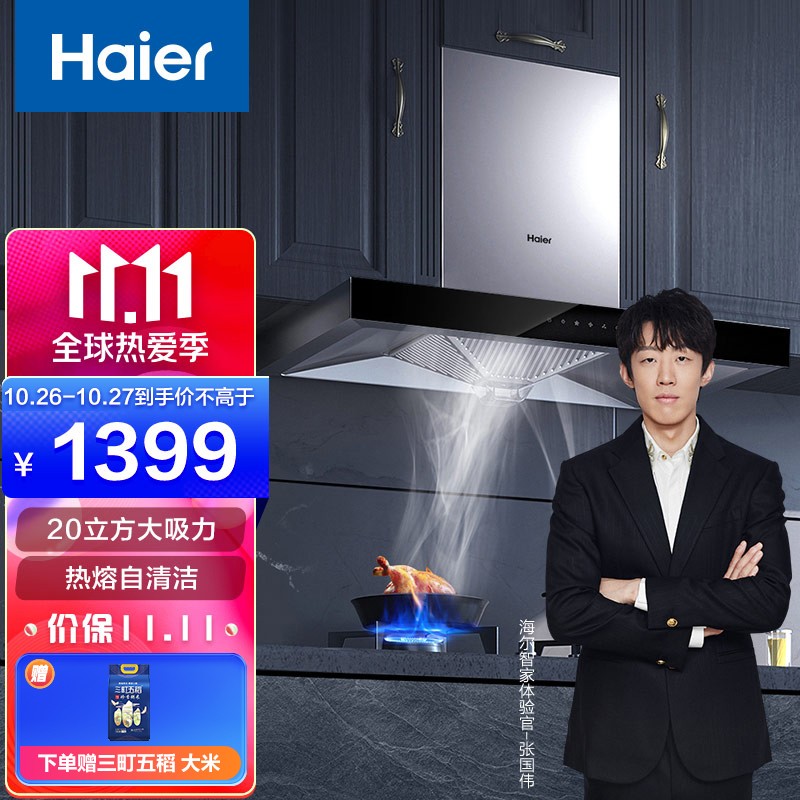 海尔（Haier）欧式抽油烟机 热熔自清洁 20立方瞬时大吸力油烟机 智能触控吸油烟机 CXW-200-E900T6R(J)