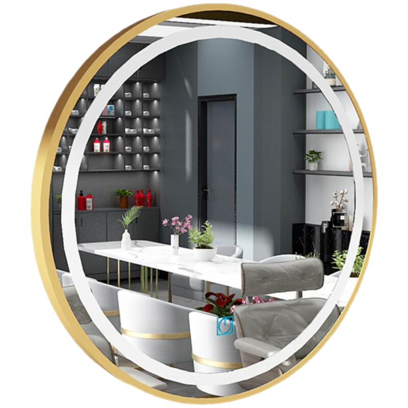 理发镜子简约理发店镜台高清美发镜子发廊专用潮款柜子 一体带灯LED落地镜 黑色铝合金直径70cm单镜(无灯) 3套起拍