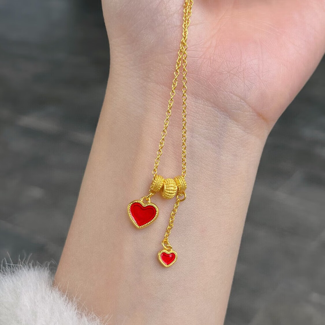 百世其昌5g黄金爱心项链999足金心心相印流苏套链新款心形锁骨链送