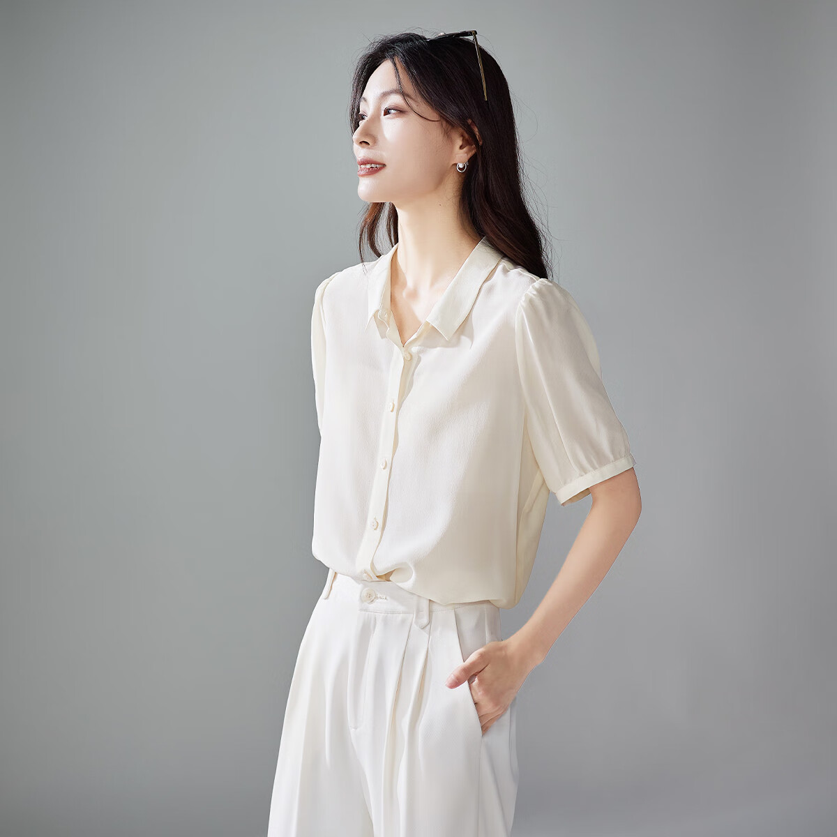 索菲丝尔【100%桑蚕丝】短袖衬衫女2024夏季宽松显瘦透气真丝衬衣 米色 L