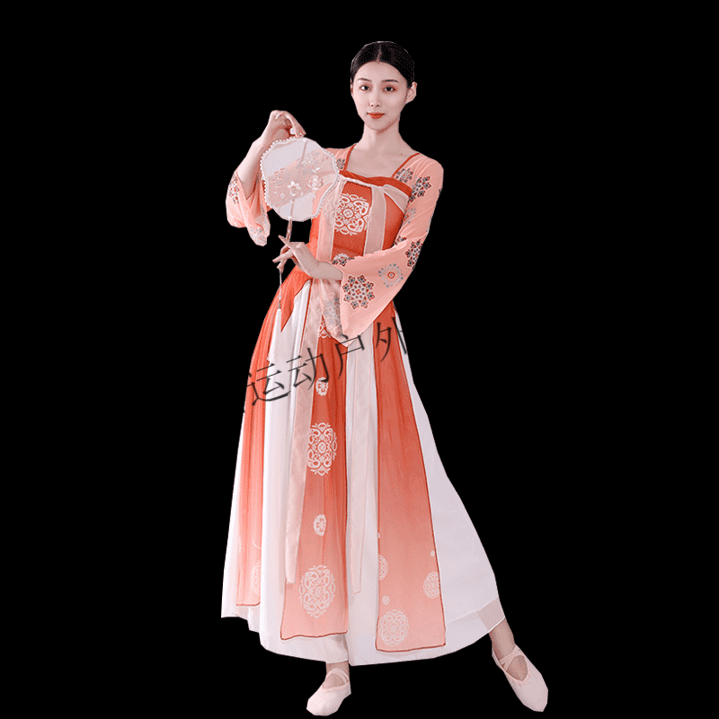 炫逐古典舞蹈身韵纱衣演出服女汉服汉唐齐胸飘带长款中国舞演出服装女 桔红色(上衣+白色裤子) S