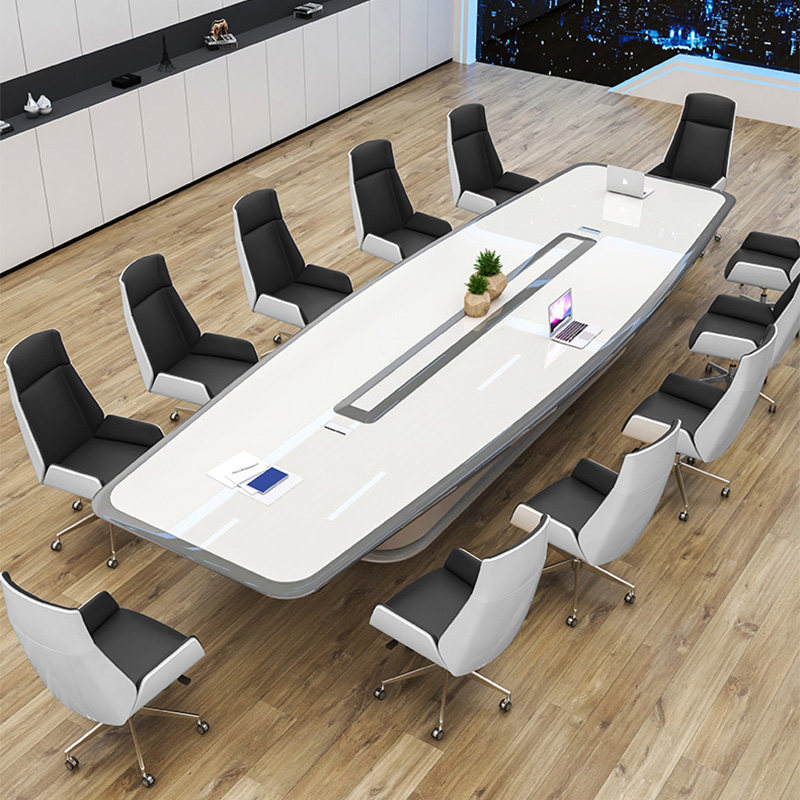 莹兴家具白色烤漆会议桌长桌简约现代培训桌洽谈桌时尚大型办公室长条桌椅组合 3.2*1.4米