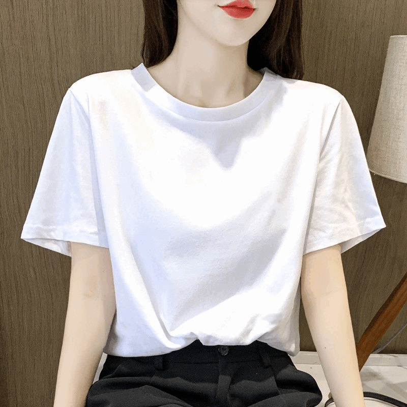 吻过白色纯棉正肩t恤女士t恤短袖上衣女夏季新款宽松圆领印花体恤衫 白色无图 M码建议90-100斤