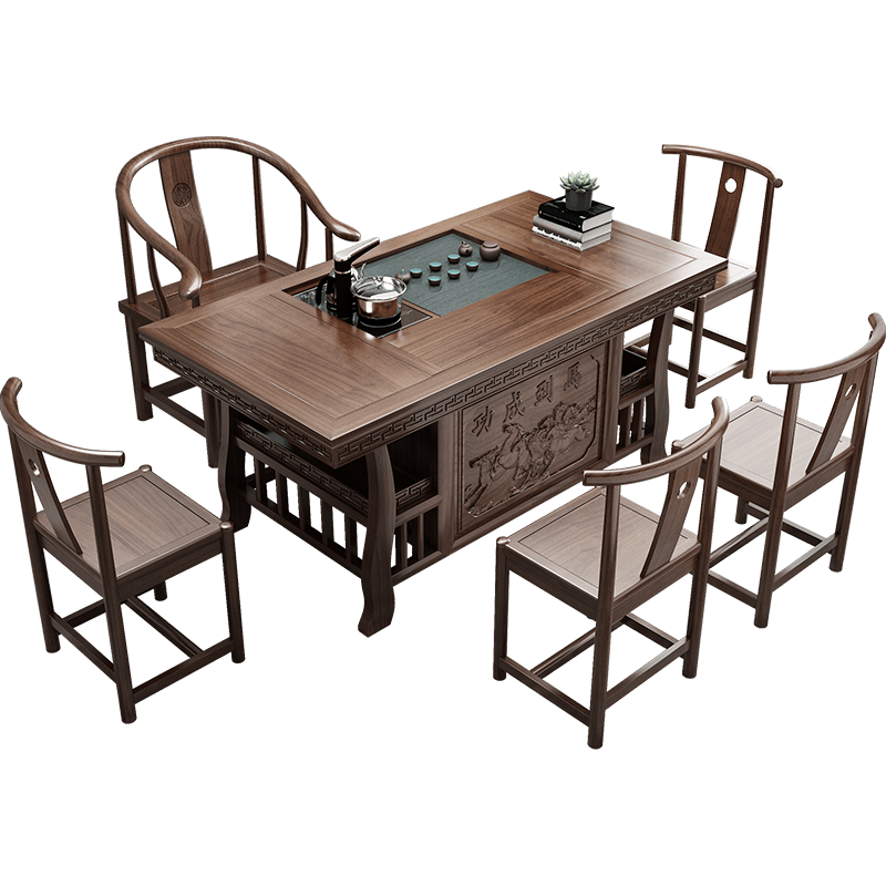 凡木匠 实木茶桌椅组合 功夫喝茶桌 新中式茶几桌 实木茶台套装 小户型阳台办公室南榆木茶道茶艺桌 1.5m马到成功+1太师椅+4月牙椅【配乌金石】