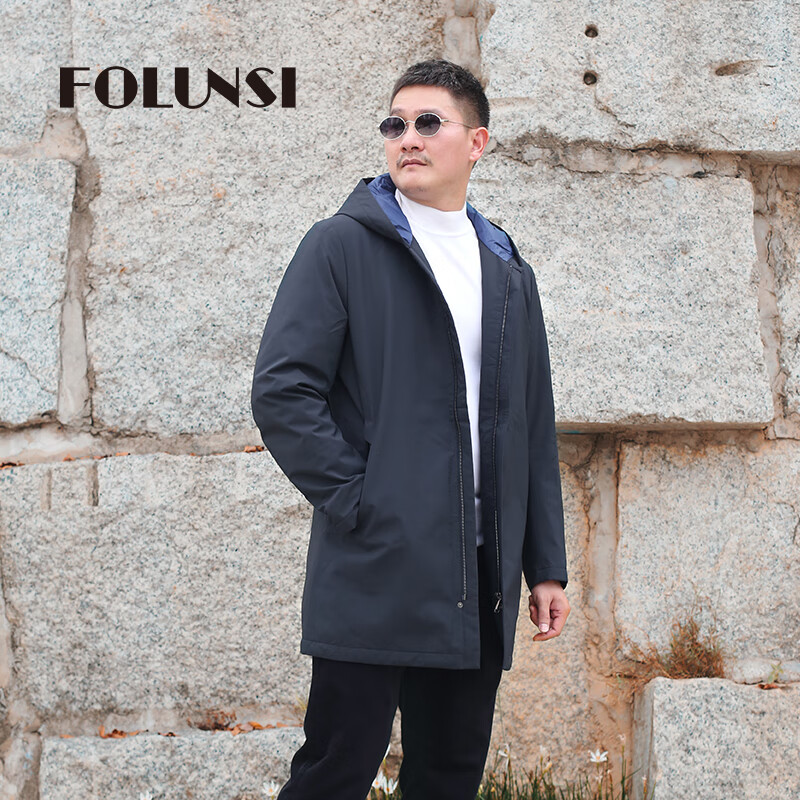 佛伦斯(folunsi)男装潮流休闲连帽冬季羽绒服拉链中长款长袖外套 黑色
