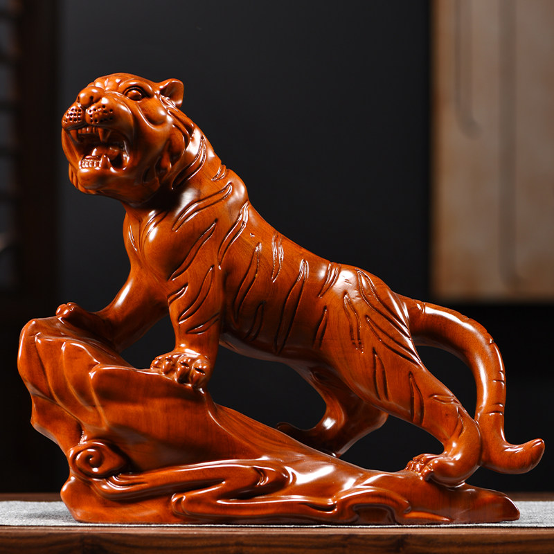 花梨实木雕刻老虎摆件木头根雕上山虎啸河山十二生肖红木质工艺品