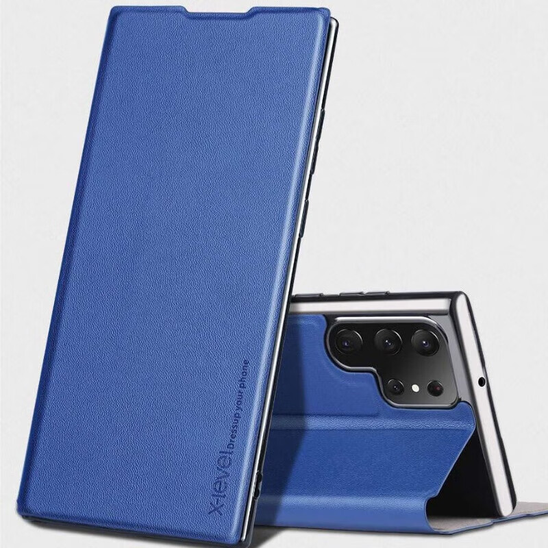 真皮套壳s22超薄保护套全包边s23ultra防摔翻盖皮套软 深蓝色 三星s23